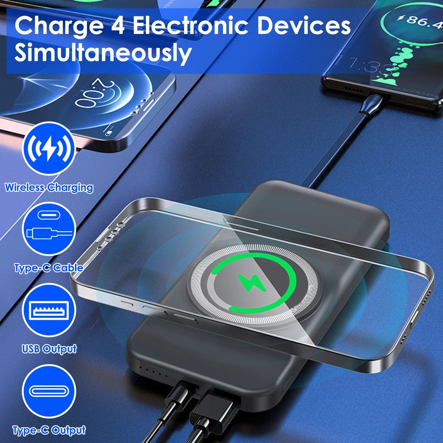 10000mAh 22.5W Magnetic Wireless Power Bank PD Fast Charging Portable Charger with Built-in Type-C Cables 15W Wireless Charging